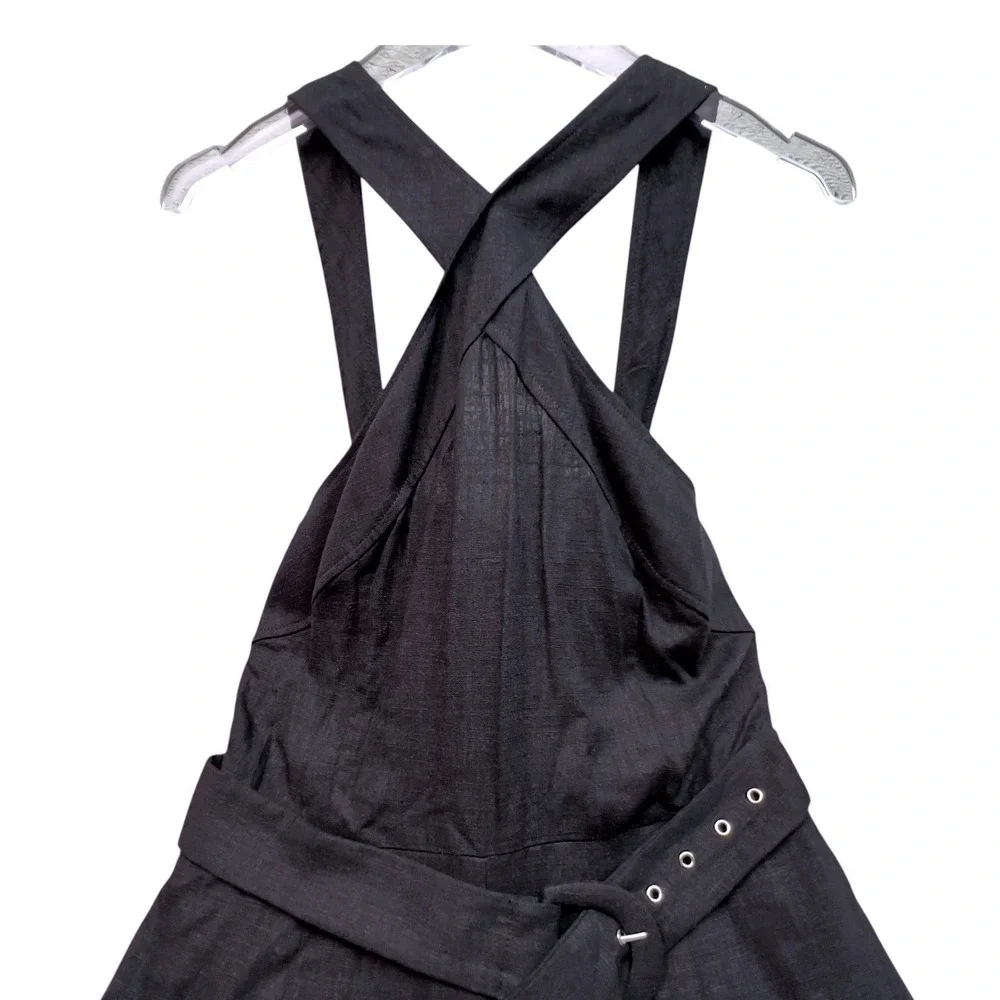 Mango MNG Halter Cross Front Jumpsuit Belted Black Linen Blend Size M Back Zip